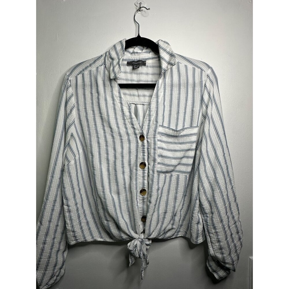 Primark Women’s Size 12 Linen Blend Blouse Striped Tie Front Coastal Lightcore - Picture 2 of 5